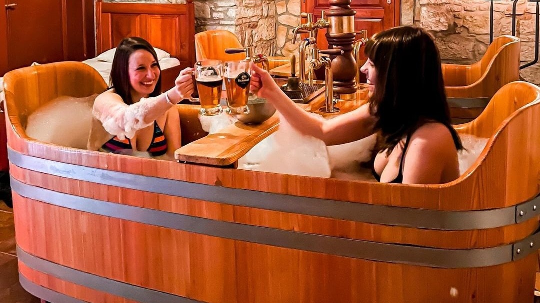 A beer spa set up at a luxury spa in Prague.