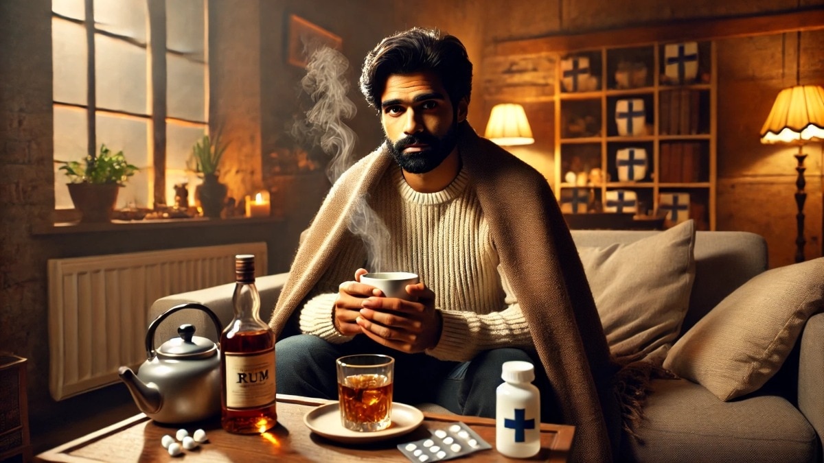 Man drinking rum to treat cough