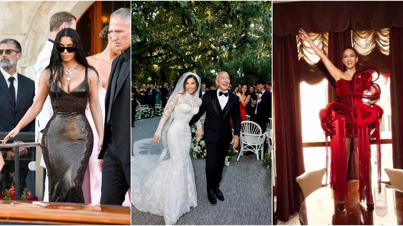 (L) Kim Kardashian (M) Jeff Bezos-Lauren Sanchez (R) Natasha Poonawalla