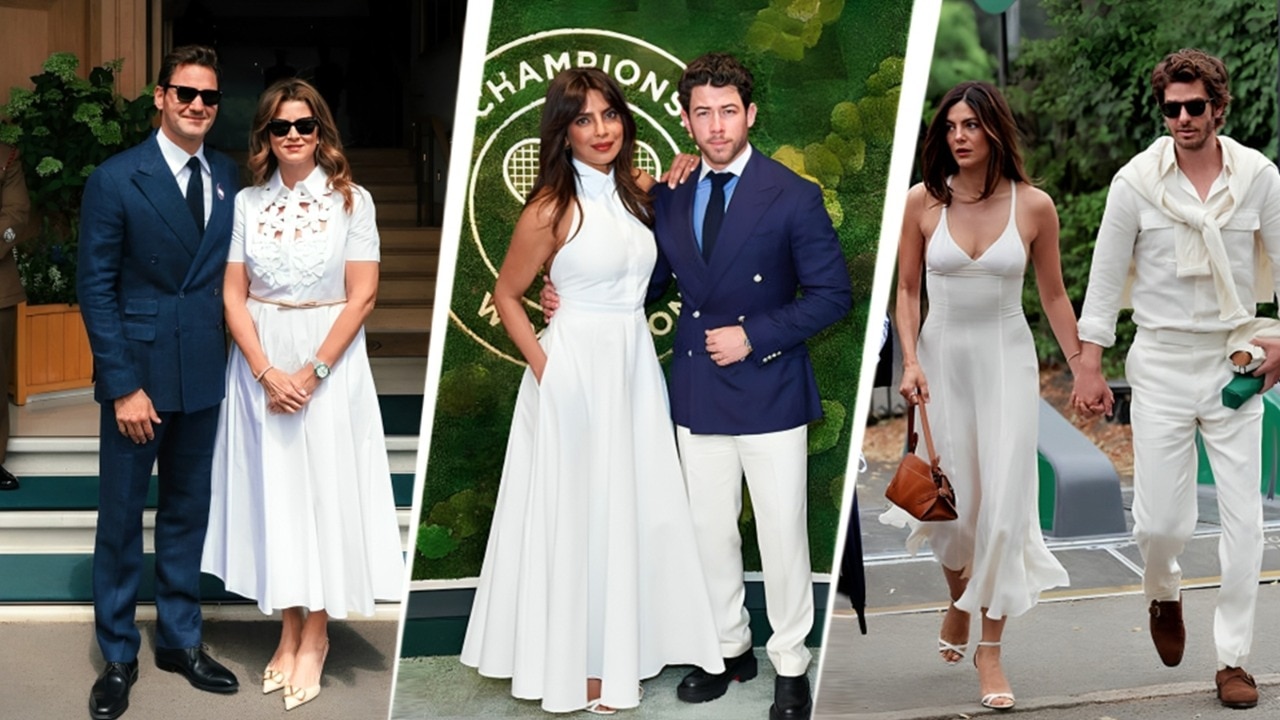 (L) Roger Federer and Mirka Federer, (M) Priyanka Chopra and Nick Jonas, (R) Andrew Garfield and Monica Barbaro